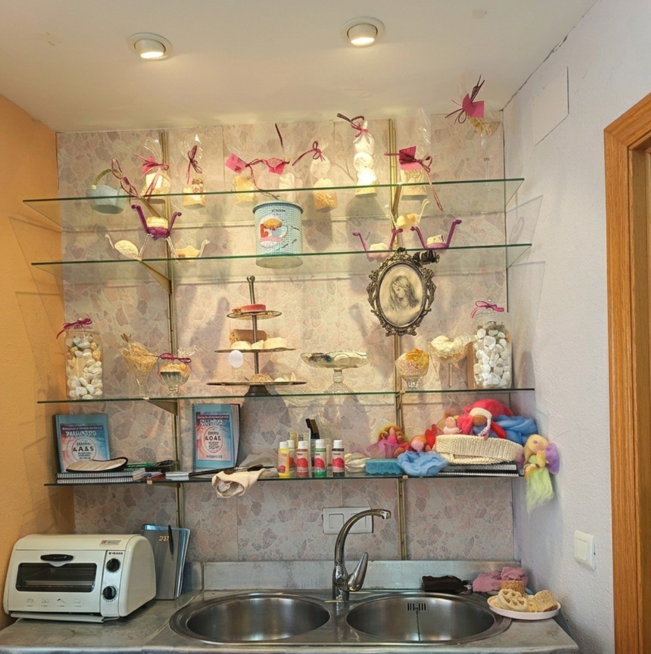 Estanterías del atelier con hadas de lana y jabones artesanales